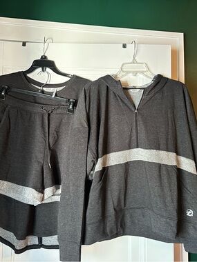 Natori Charcoal and Light Gray Half-Zip Hoodie Set